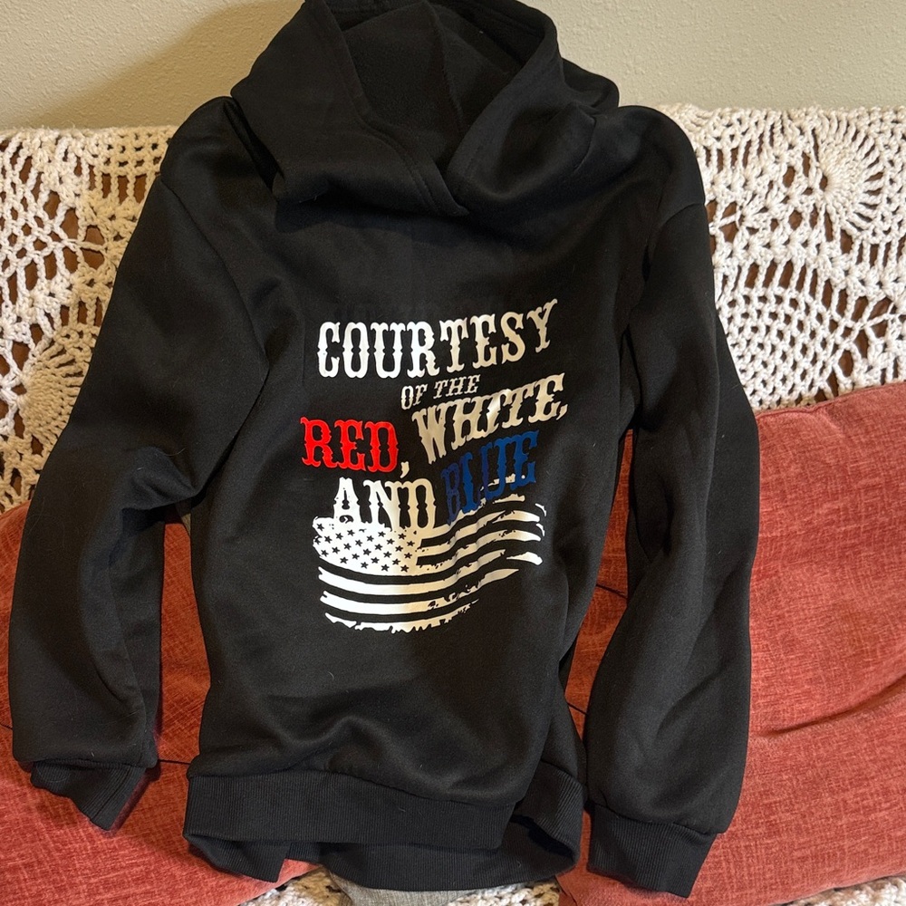 Women’s  Black Hoodie with Red, White, and Blue Print. NWOT